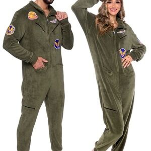 Olive Green Fleece Jumpsuit with Patches